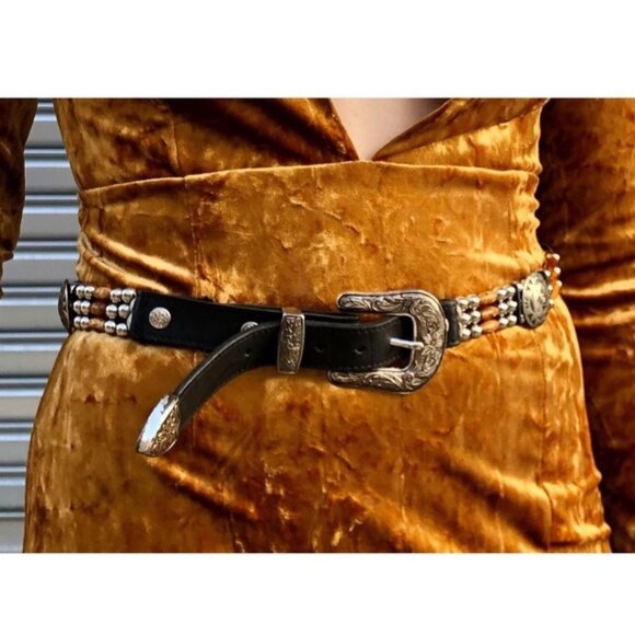 Vintage Boho Antiqued Silver Black Buckle Beaded Leather Belt - Picture 2 of 8